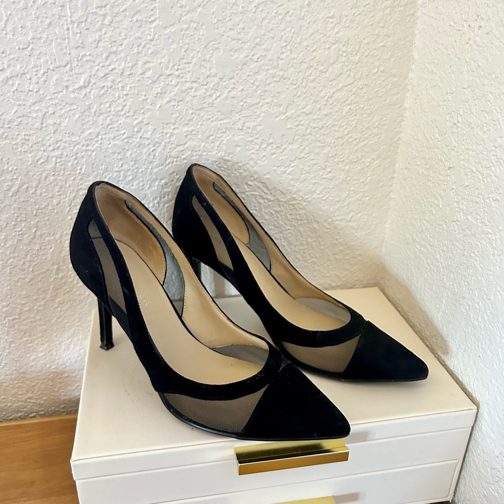 Black suede mesh cut-out heel